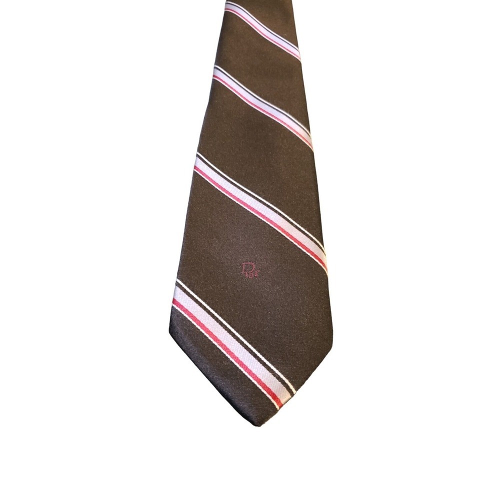 Christian Dior Men's Tie Black Striped Made in USA Designer Logo‎ Neck Wear